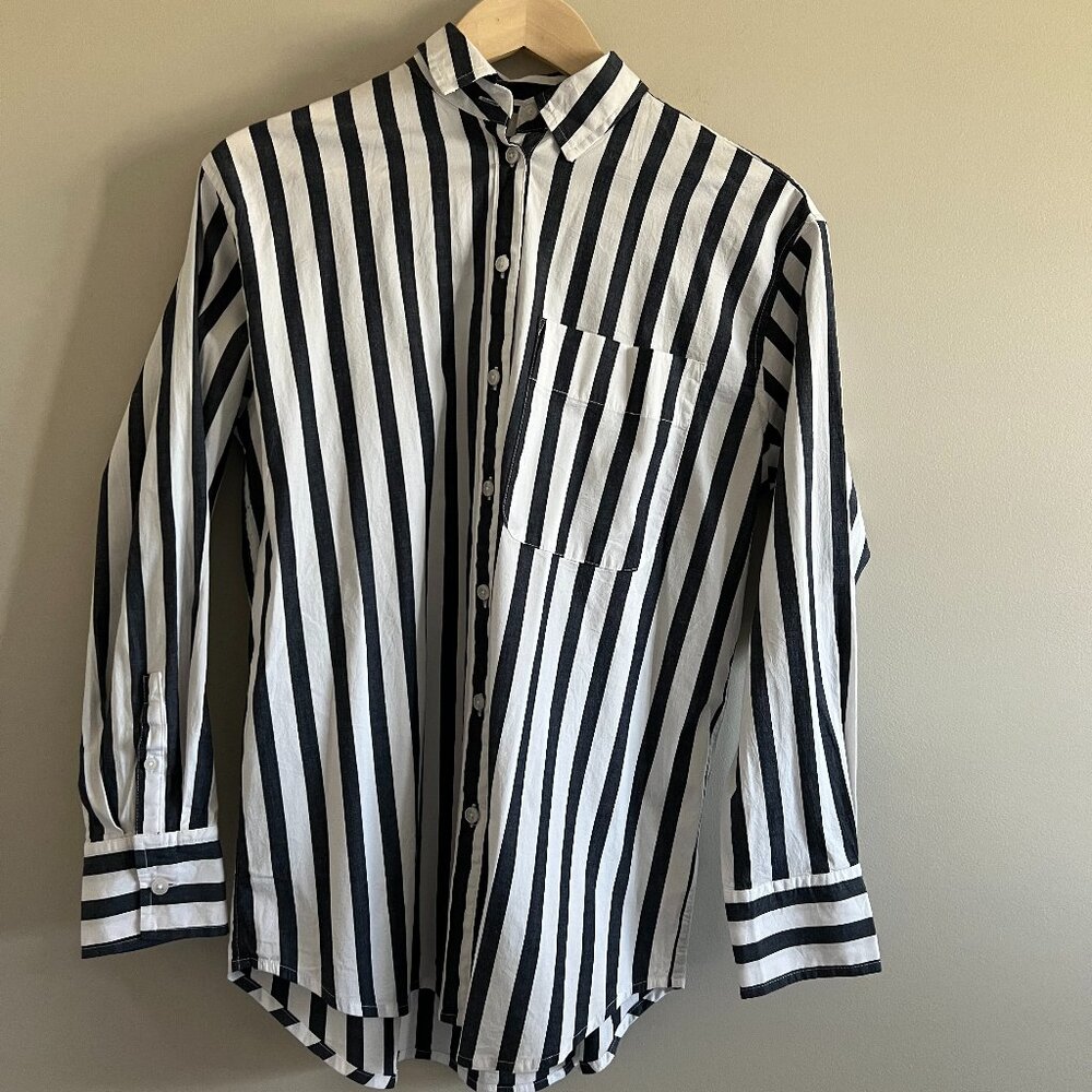 A New Day Striped Button Up Shirt | Black White Classic Chic | Size XS